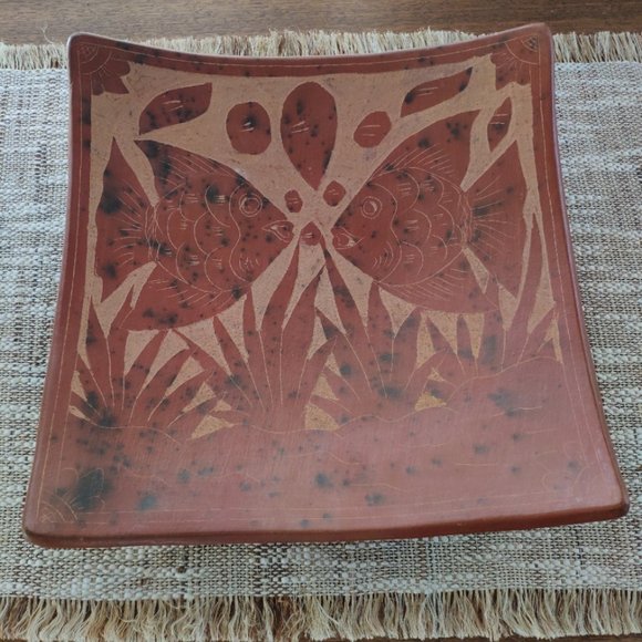 Terracotta Large Bowl Etched Carved Clay Angelfish VTG Decorative Plate 11" - Picture 2 of 12
